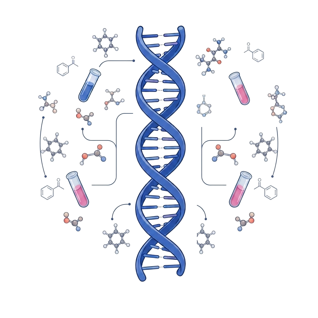 DNA double helix surrounded by molecules and test tubes