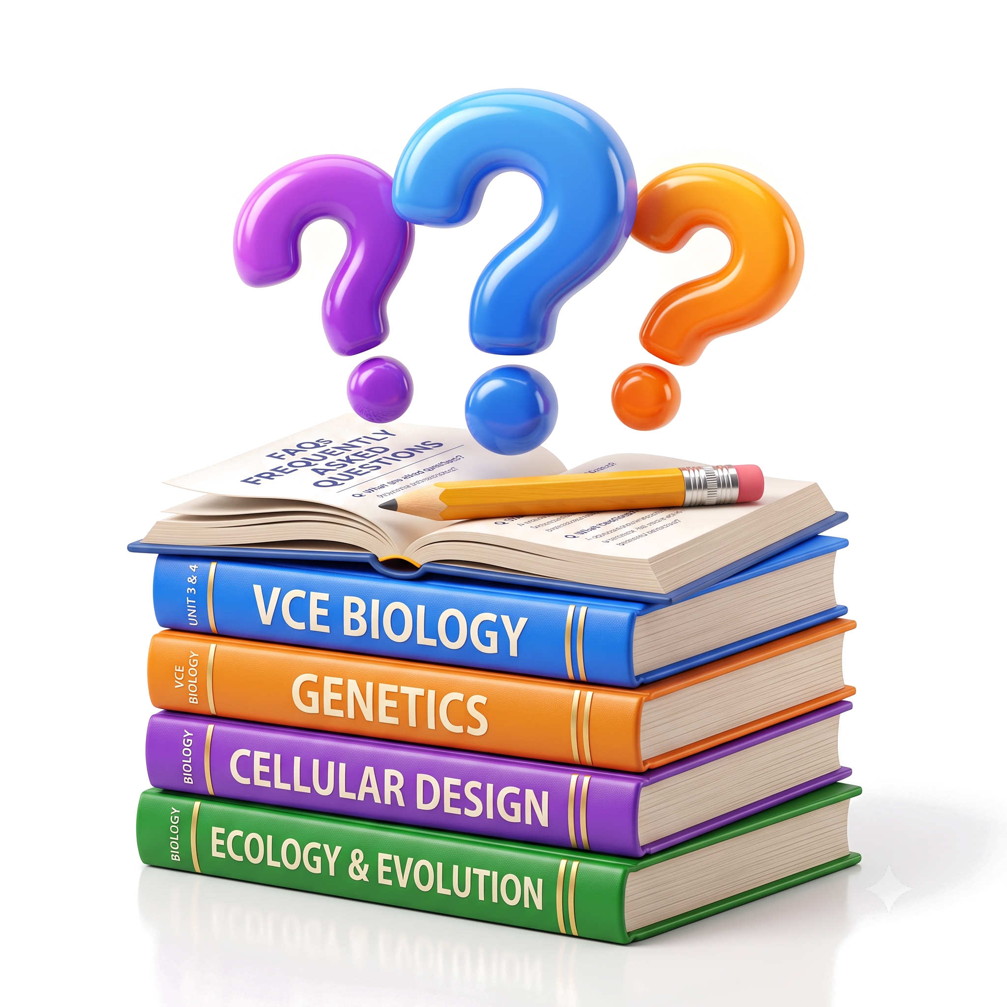 Stack of VCE Biology books with floating question marks