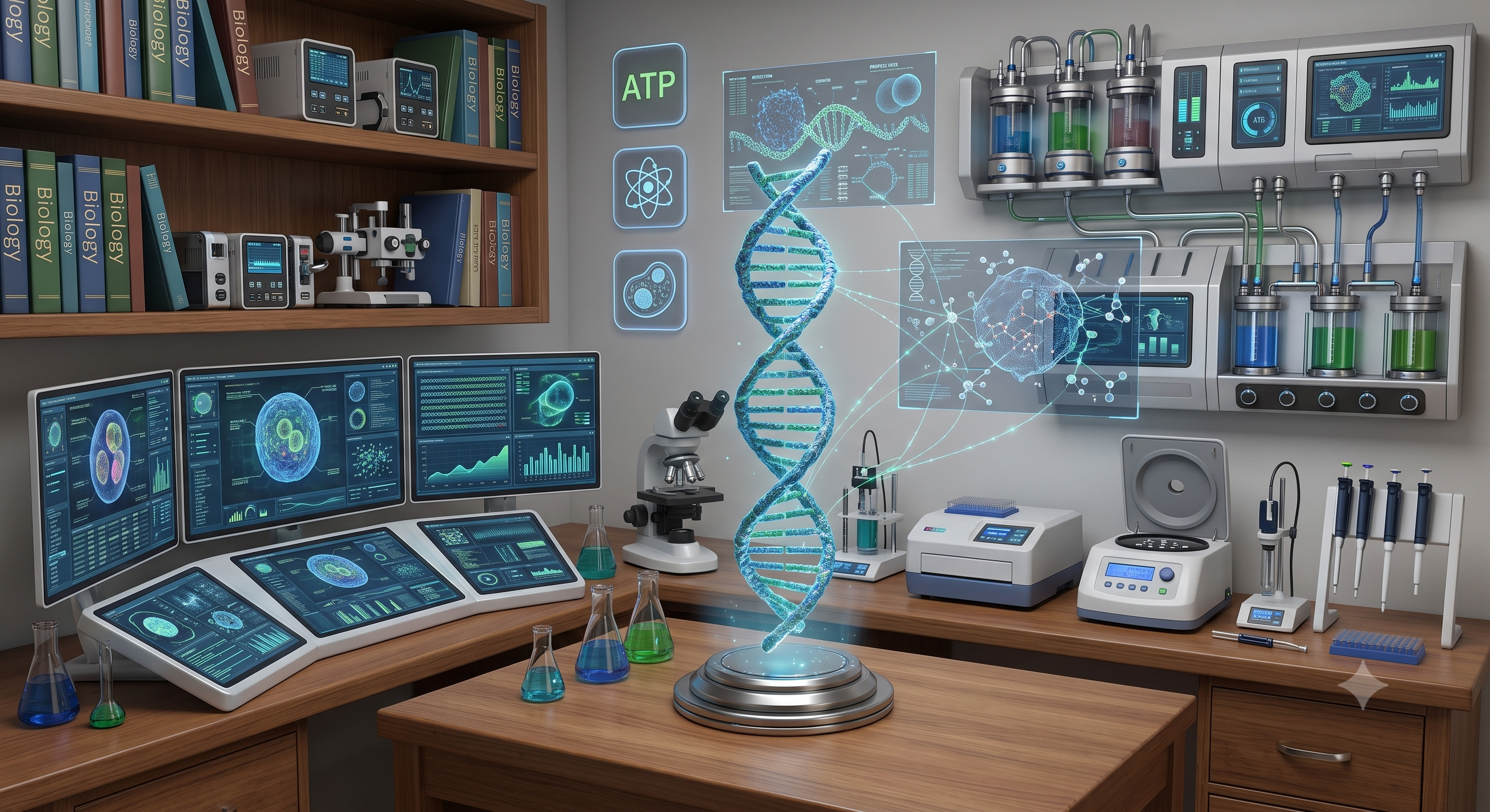 Molecular biology lab with a holographic DNA strand, microscope and analysis screens